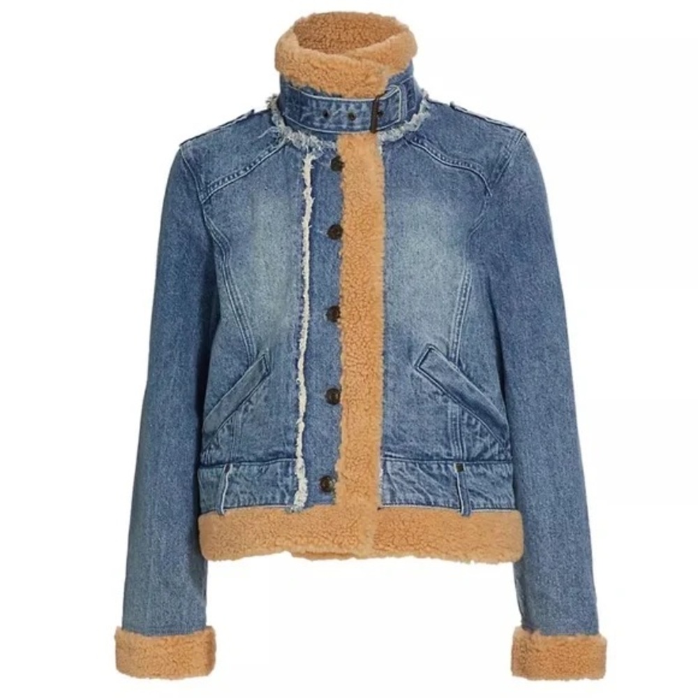 Free People We The Free Rylee Cozy Moto Jacket Denim Shearling Blue Tan XL - Picture 10 of 15